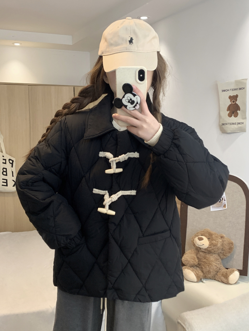 Actual shot of horn button rhombus down jacket for women, new Korean version, loose and thickened, warm cotton jacket
