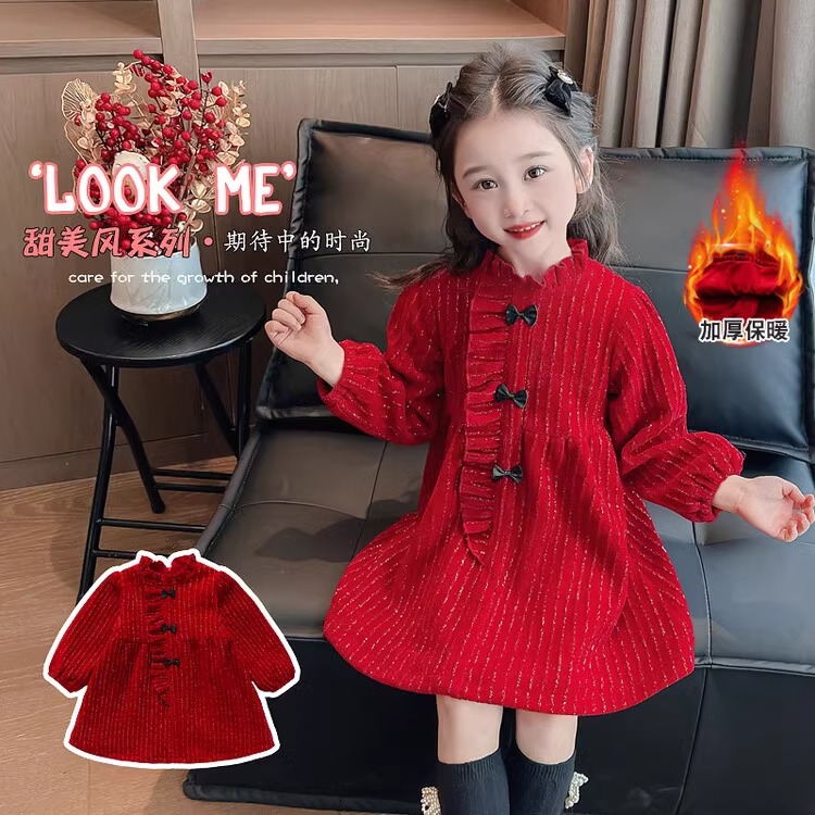 Spring new ethnic red good luck continuous year-round dress plus velvet thickened dress sweet and fashionable princess dress