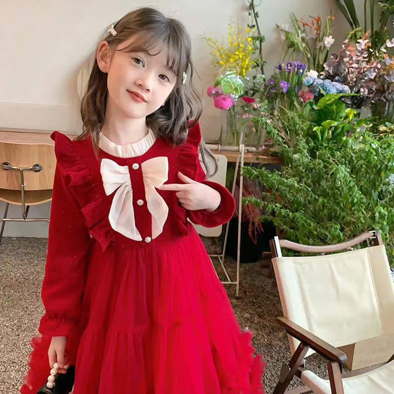 Girls birthday dress small dress princess dress 2024 spring and autumn bow sweet corduroy dress trendy