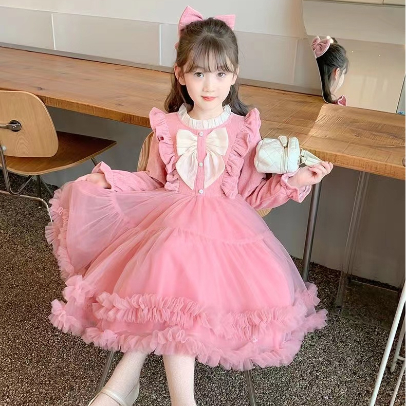 Girls birthday dress small dress princess dress 2024 spring and autumn bow sweet corduroy dress trendy