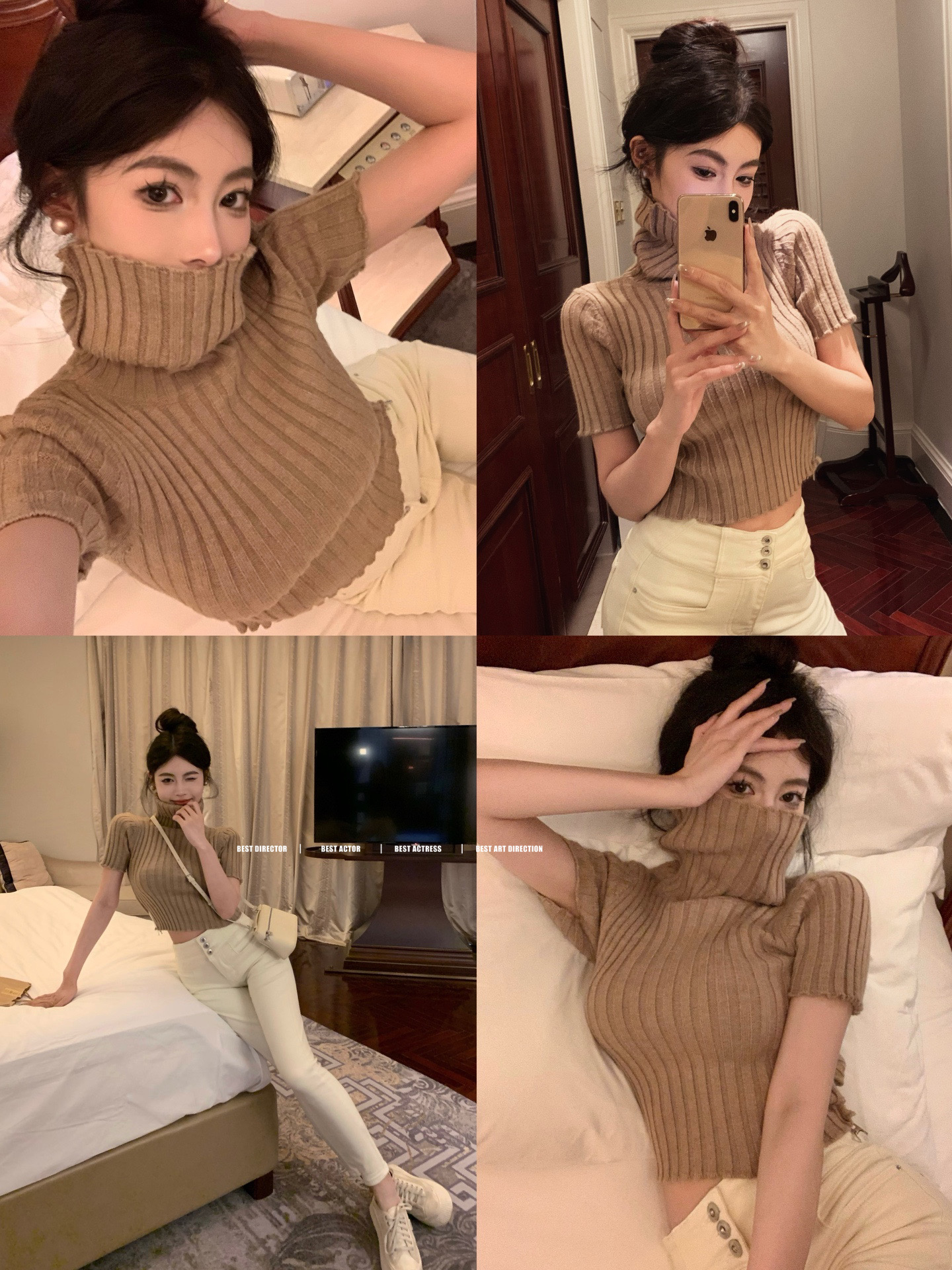 Real shot of high collar folded short slim fit knitted short-sleeved sweater high waist slim stretch leg jeans