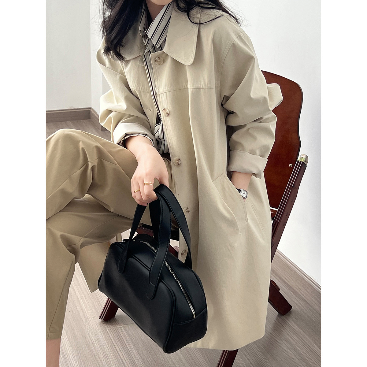 Real shot ~ French retro windbreaker coat for women 2024 spring new style simple and versatile mid-length coat