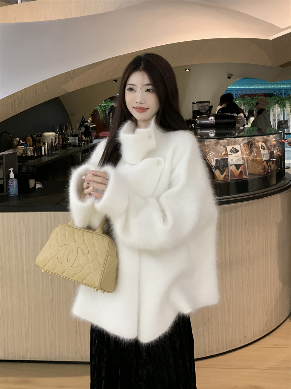 Actual shot ~ Korean style high-end stand-up collar long fur raccoon velvet loose and slim long-sleeved knitted cardigan