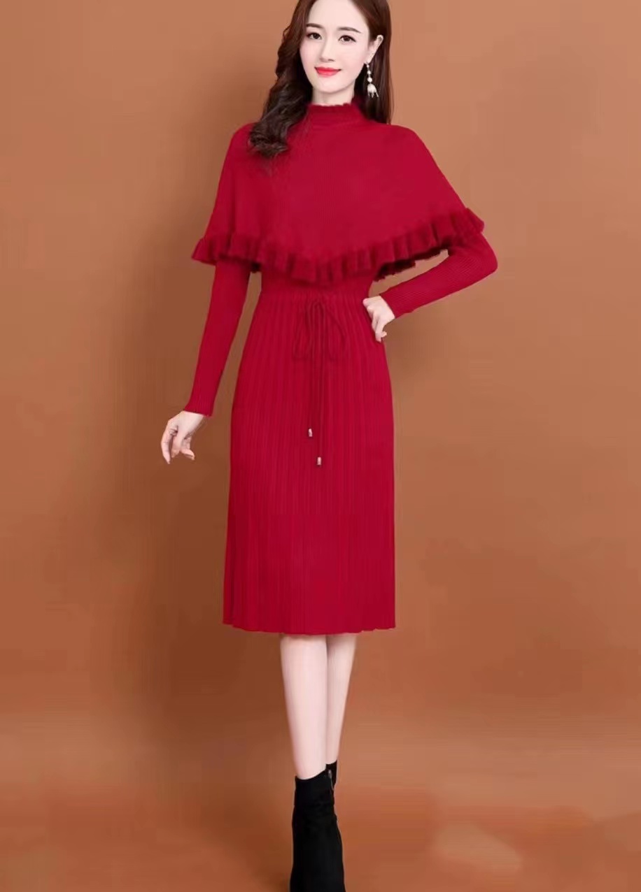 针织连衣裙女秋冬季2024年修身法式名媛气质两件套装加厚毛衣裙子