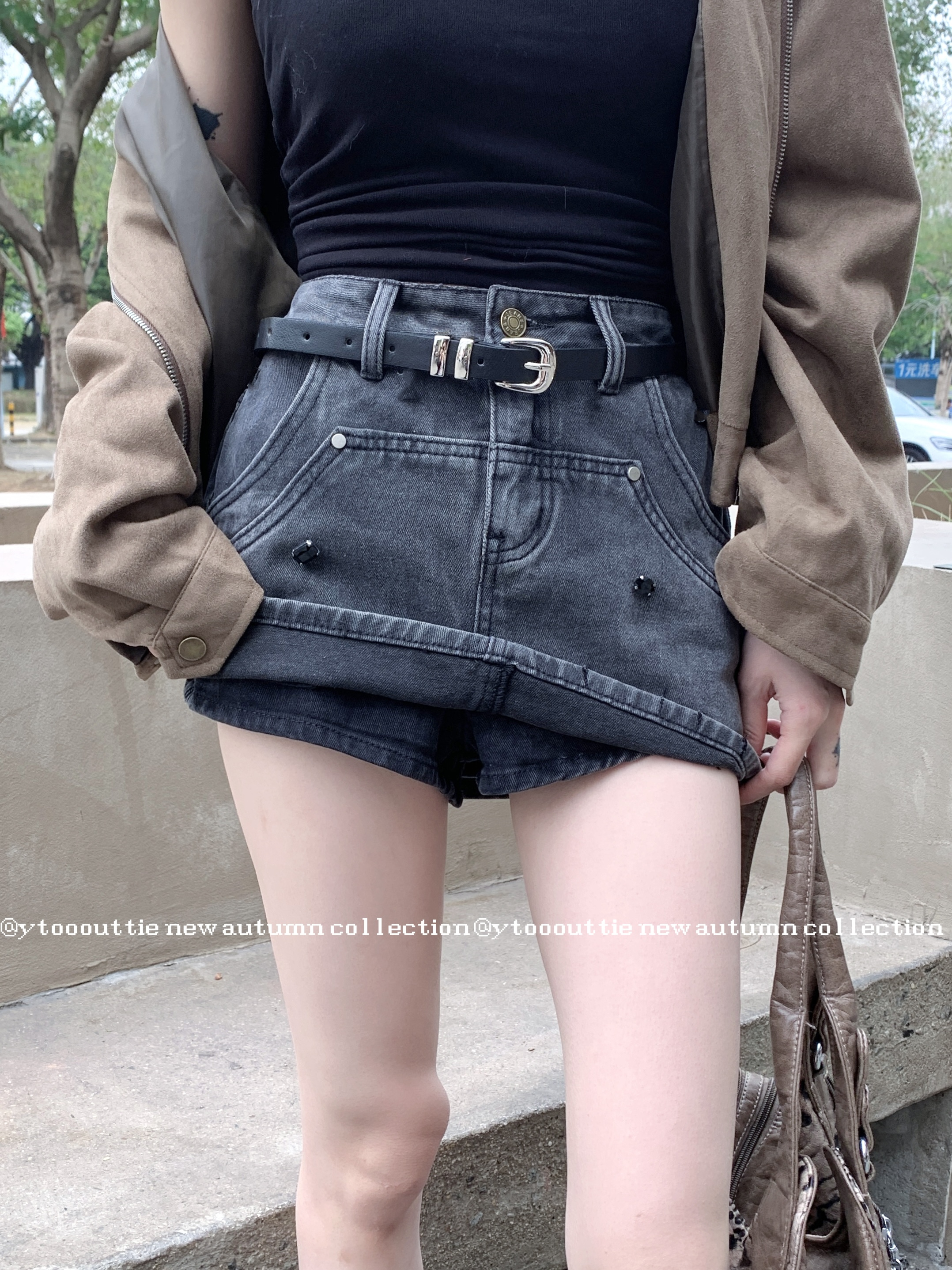 Actual shot of new sexy hottie high-waisted slimming hip-hugging denim skirt with sparkling diamonds