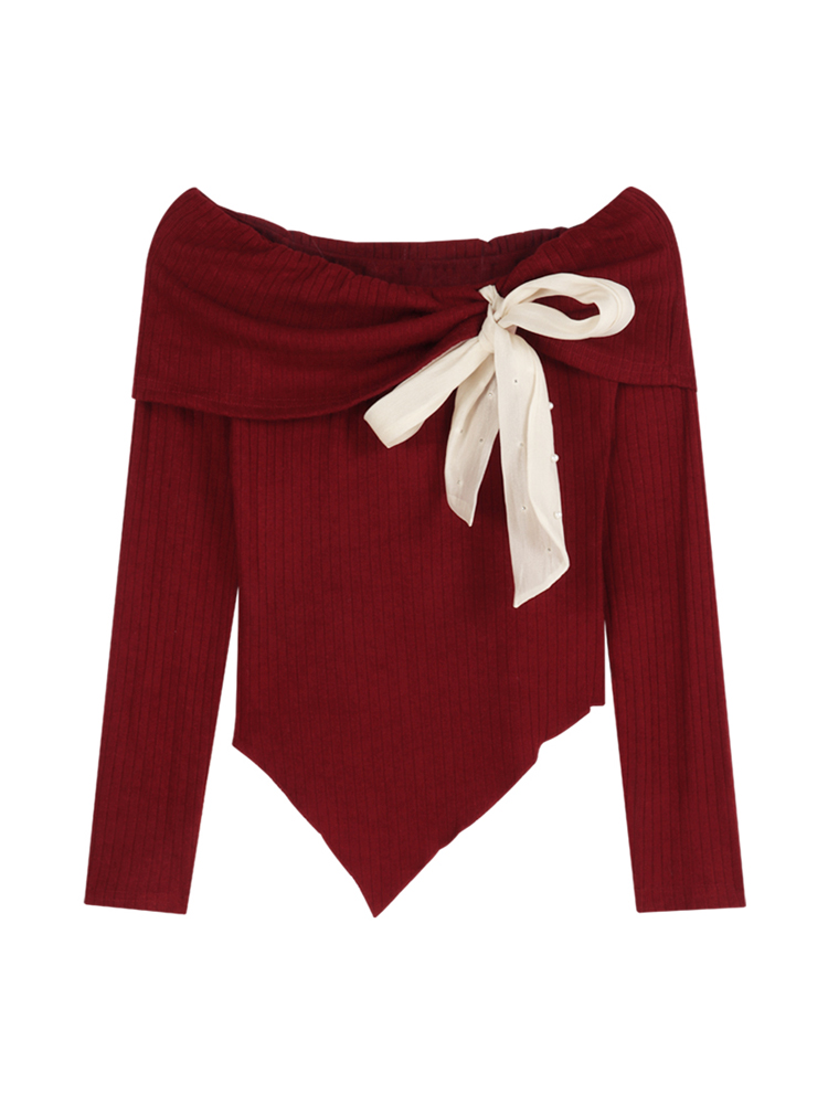 一字肩蝴蝶结针织打底衫女冬季圣诞红色长袖毛衣内搭别致绝美上衣