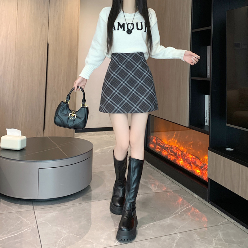 Actual shot ~ Contrast color plaid woolen skirt for women in autumn and winter, high-waisted slimming woolen A-line skirt for small people