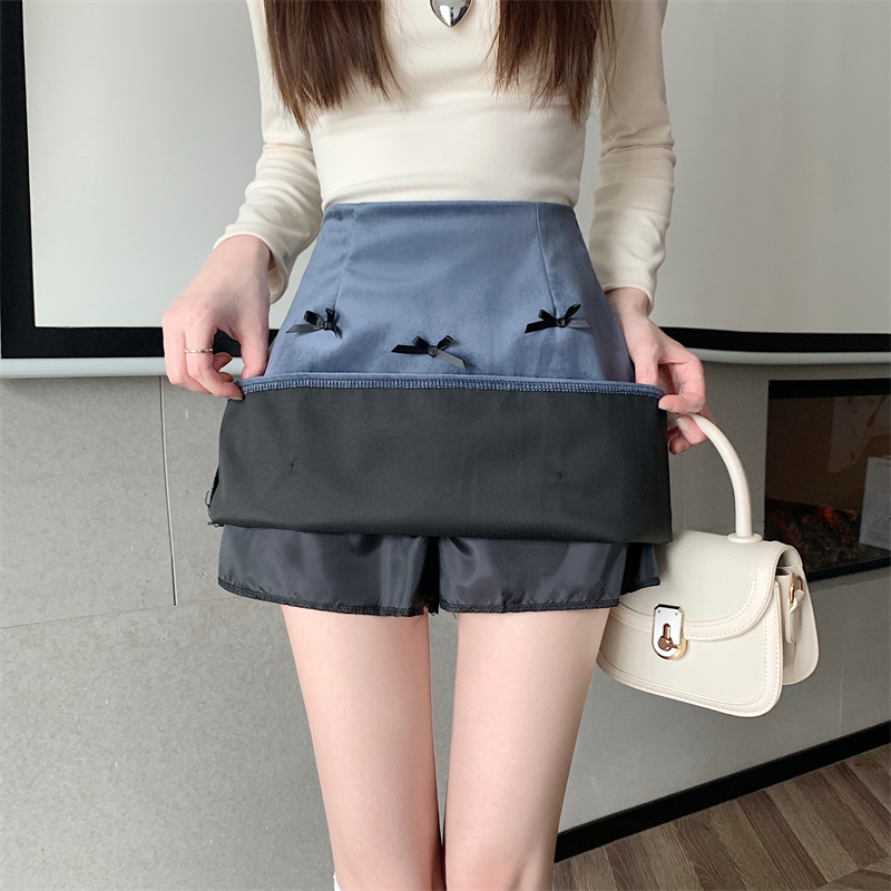 Actual shot~Velvet design bow high-waist A-line skirt temperament casual hip-covering skirt white skirt