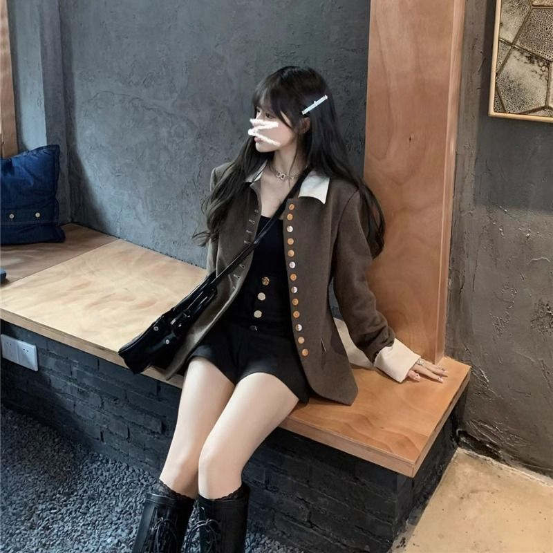 French retro lapel short coat for women winter new high-end single-breasted temperament long-sleeved small suit