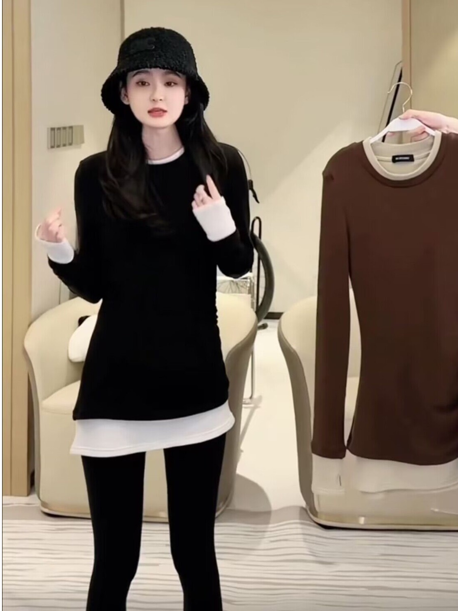 Mid-length long-sleeved brushed T-shirt for women in autumn and winter new style pleated waist slimming double-layer bottoming shirt irregular top