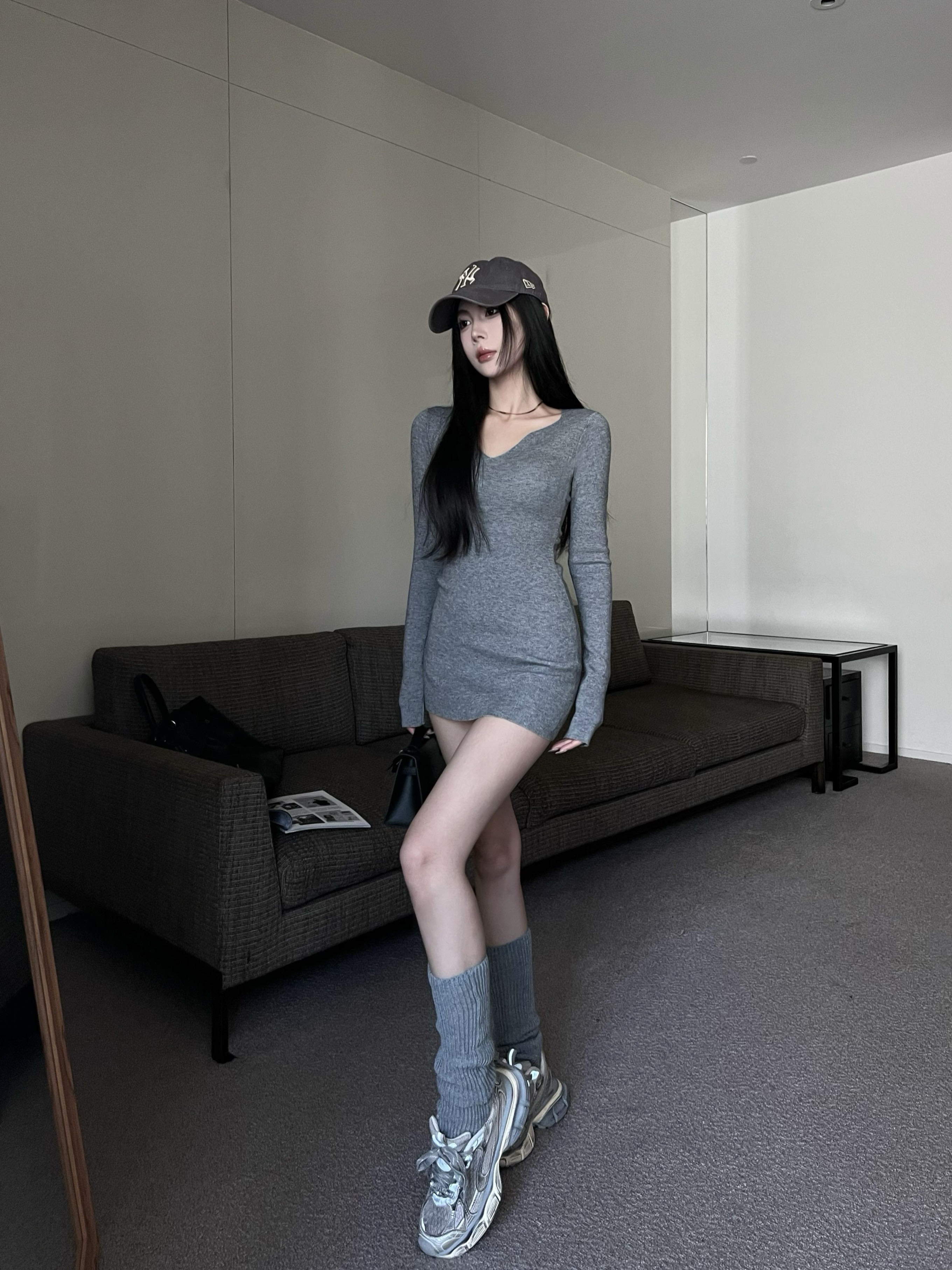 Actual shot of Korean style petite and versatile v-neck knitted sweater dress, slim and slim dress