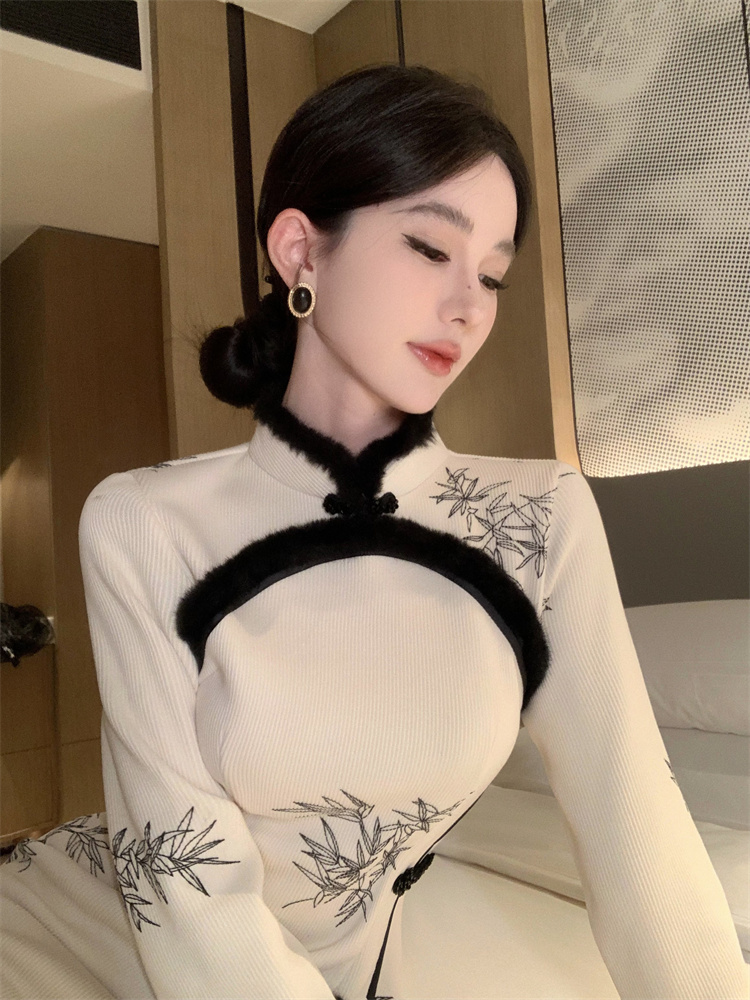 實拍實價  國風改良立領竹葉印花長袖旗袍連衣裙中長款