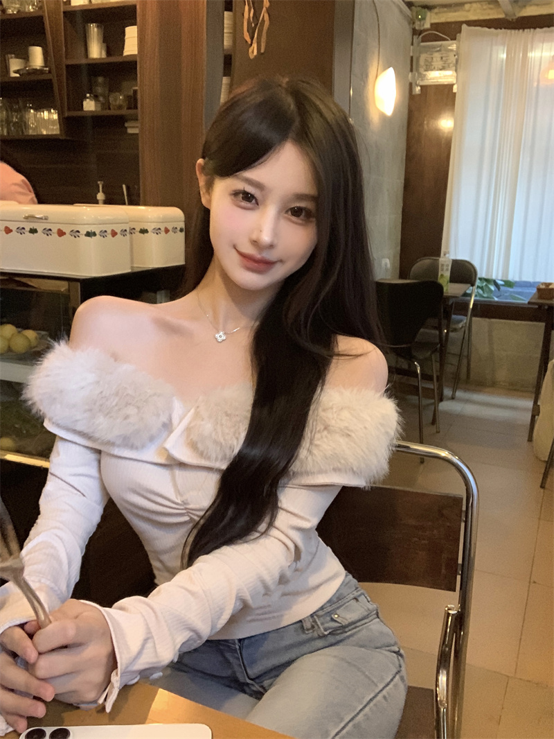 Actual shot of new spring one-shoulder fur collar sexy top for hot girls