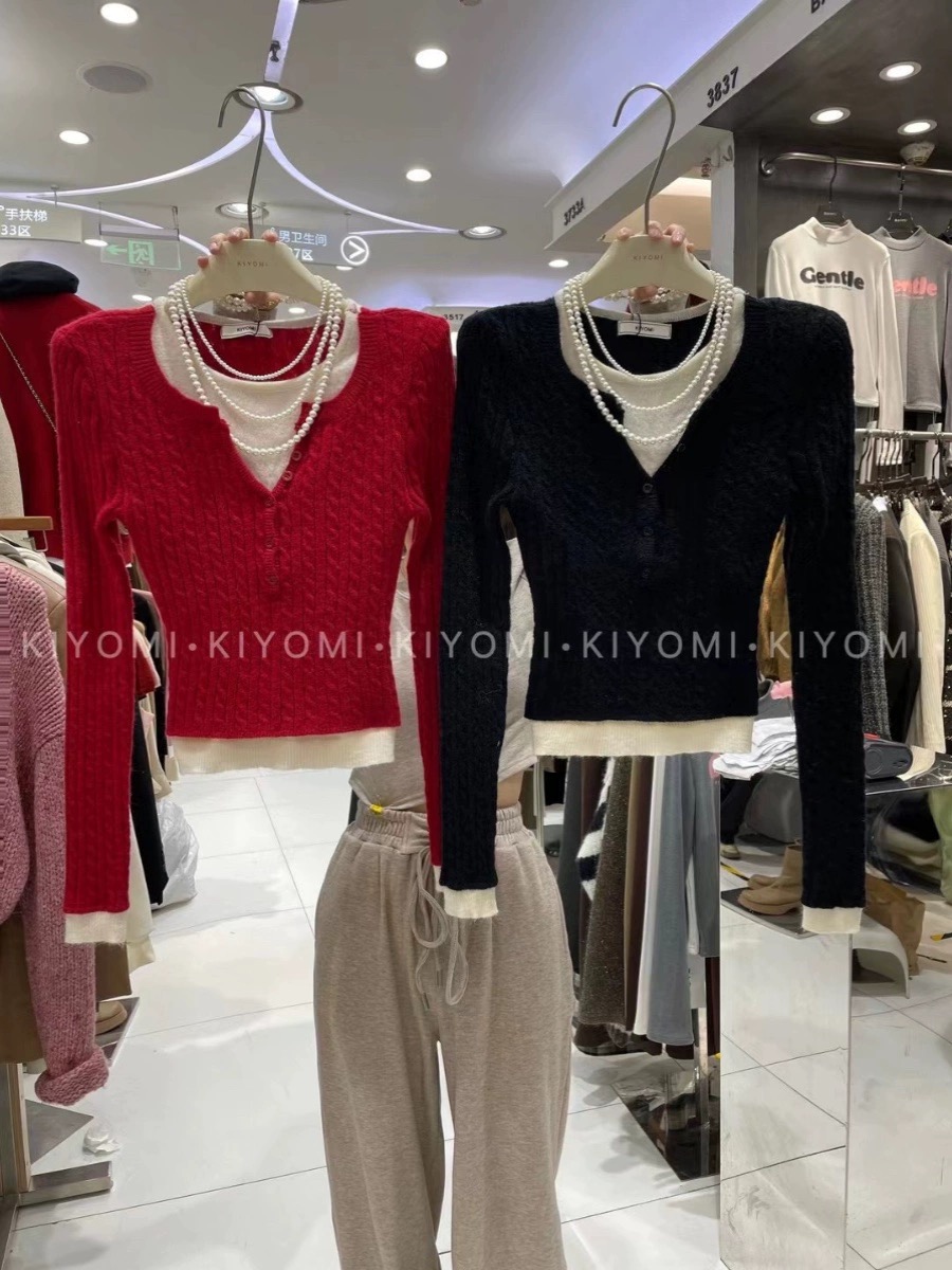 KIYOMI冬季新品拼色假两件纯欲圆领自带垫肩麻花针织衫毛衣气质