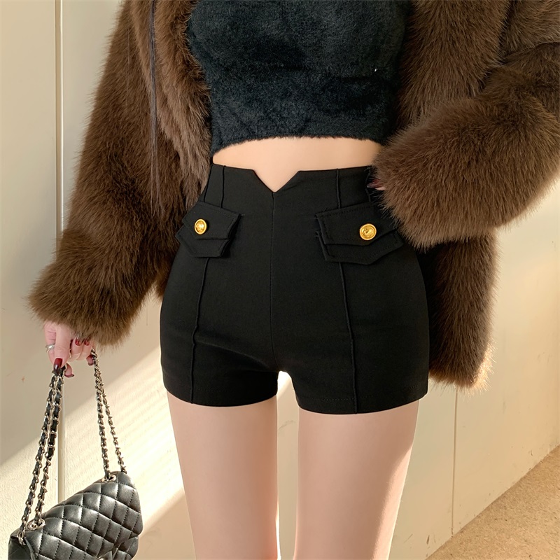 Real shot!  2024 New Seasonal Black Elastic High Waist Slimming Versatile A-Line Suit Shorts for Outerwear