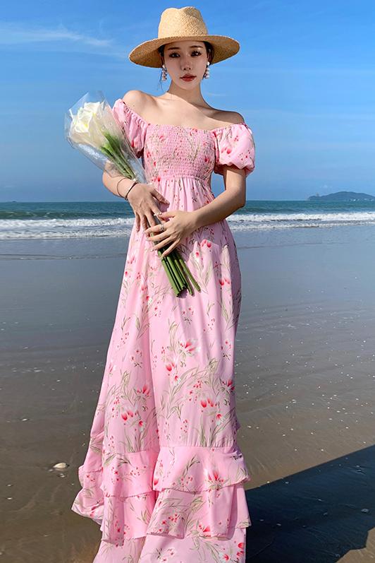 實拍法式碎花泡泡袖度假海邊連衣裙女顯瘦收腰超仙大擺長裙