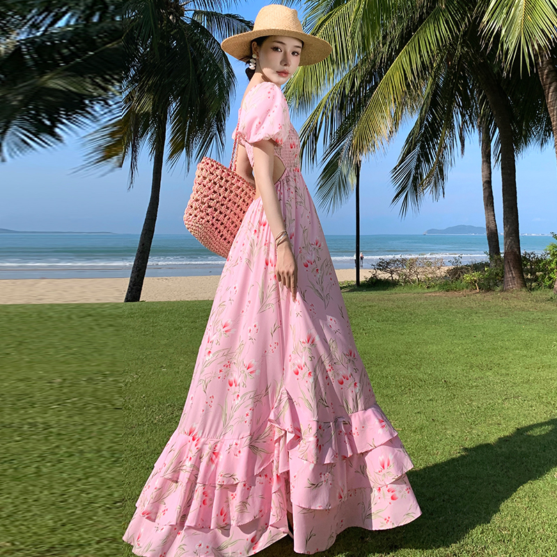 實拍法式碎花泡泡袖度假海邊連衣裙女顯瘦收腰超仙大擺長裙