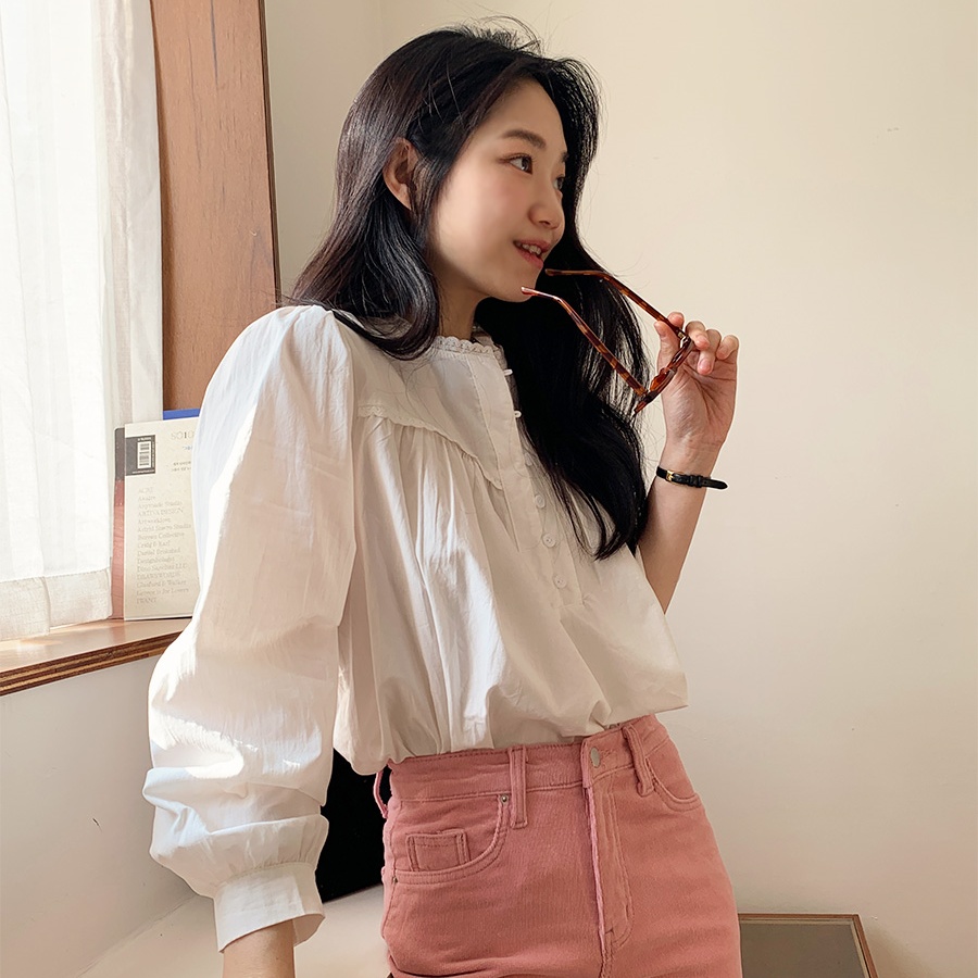 韩国CHIC法式别致减龄泡泡袖娃娃衫百搭宽松长袖上衣衬衫