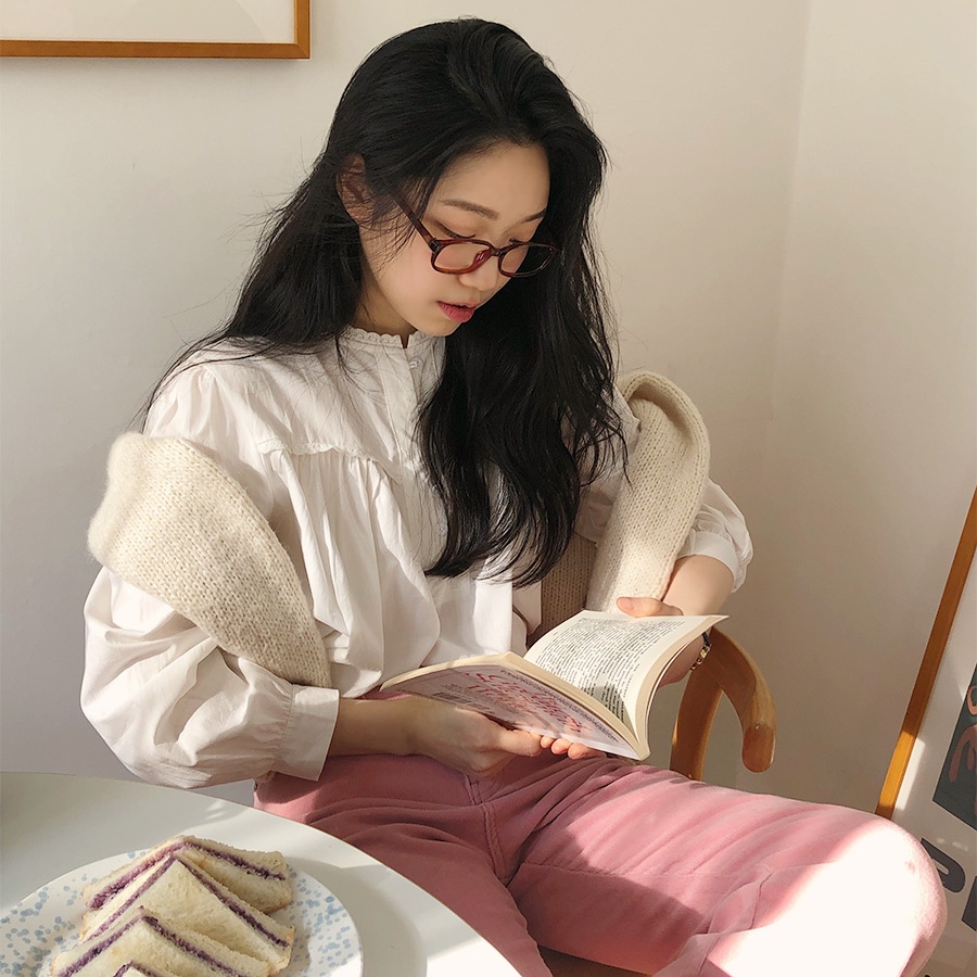 韩国CHIC法式别致减龄泡泡袖娃娃衫百搭宽松长袖上衣衬衫