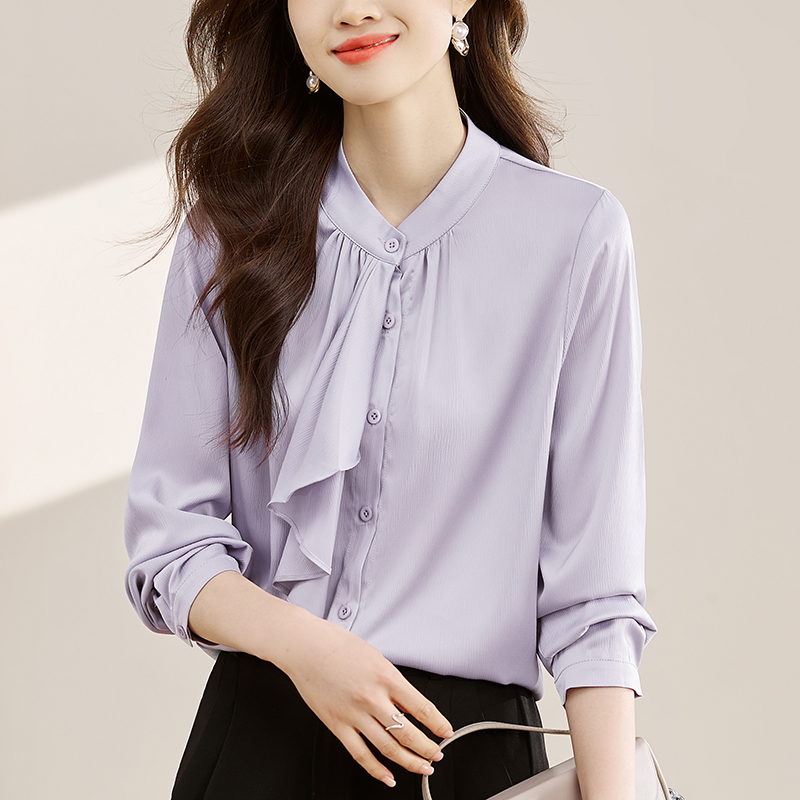 法式優雅設計飄帶領結2026春秋紫色長袖襯衫女氣質通勤職場襯衣