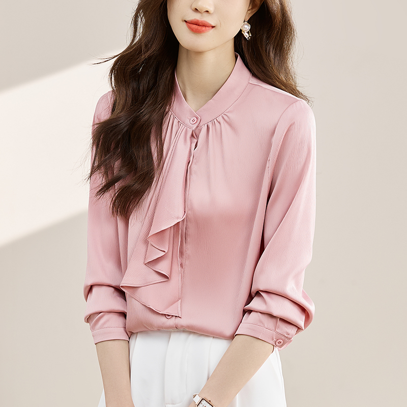 法式優雅設計飄帶領結2026春秋紫色長袖襯衫女氣質通勤職場襯衣