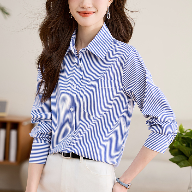 實拍條紋襯衫女2026春秋新款韓版寬松內穿外搭職業襯衣百搭棉上衣