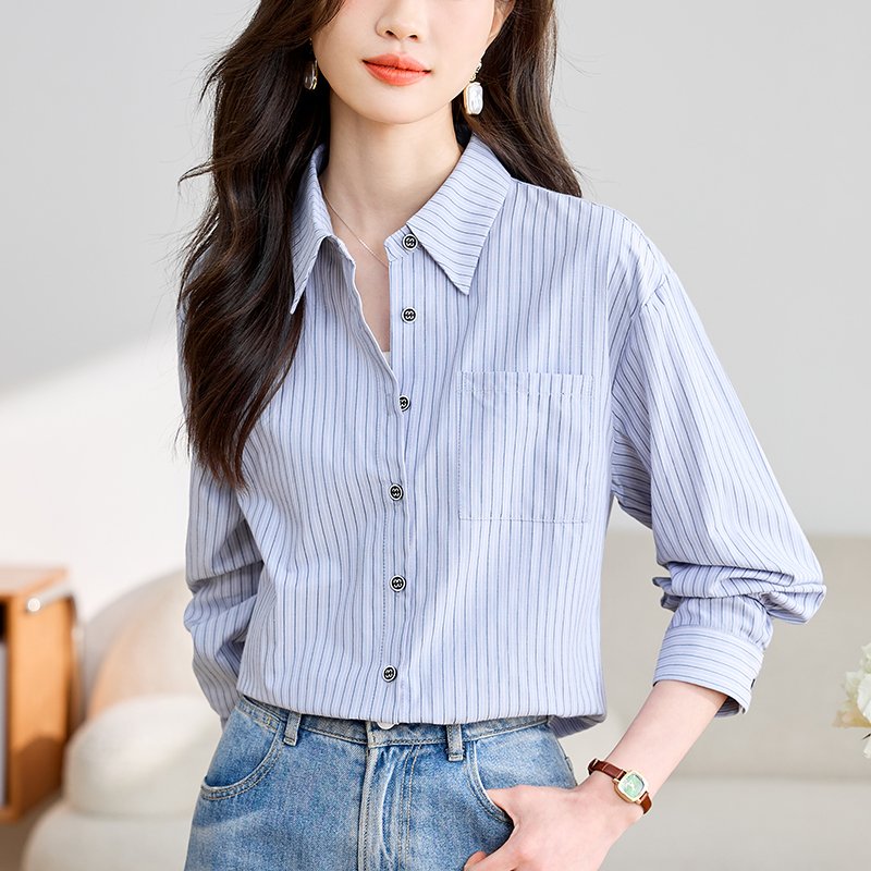 實拍法式氣質簡約藍白條紋設計感小眾翻領襯衫女2025春秋上衣百搭