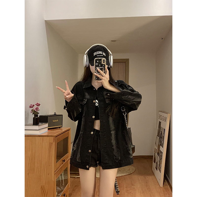 Real shot of large size fat mm black denim jacket for women Korean style loose casual versatile tie-dye work jacket ins trend