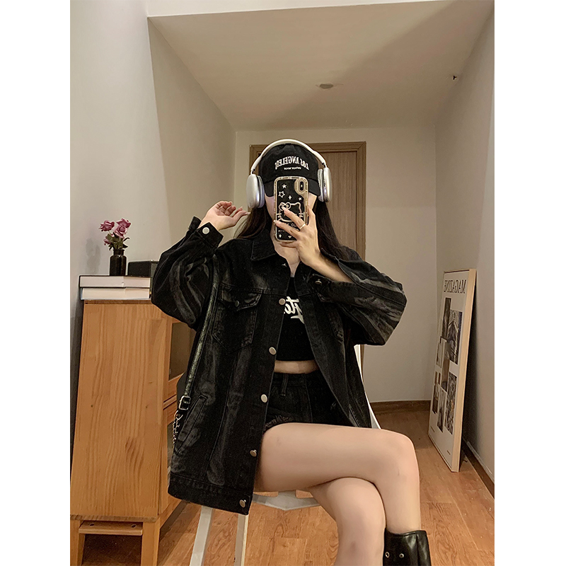 Real shot of large size fat mm black denim jacket for women Korean style loose casual versatile tie-dye work jacket ins trend