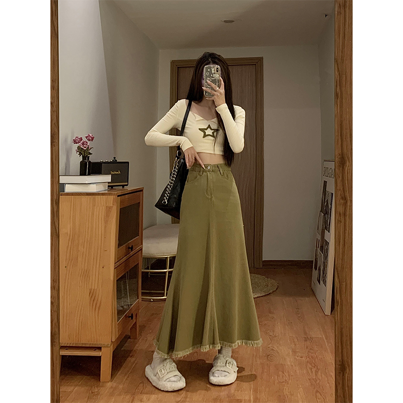 Real shot of large size fat mm spring and summer new design denim skirt for women Korean style raw edge A-line long skirt