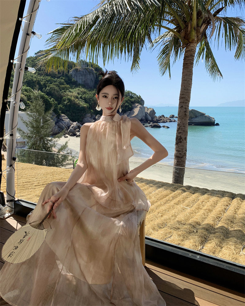 新中式國風復古扎染油畫掛脖上衣女夏季高腰寬松半身裙兩件套裝女