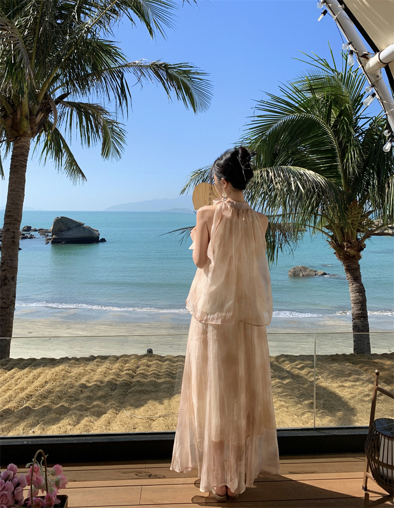 新中式國風復古扎染油畫掛脖上衣女夏季高腰寬松半身裙兩件套裝女