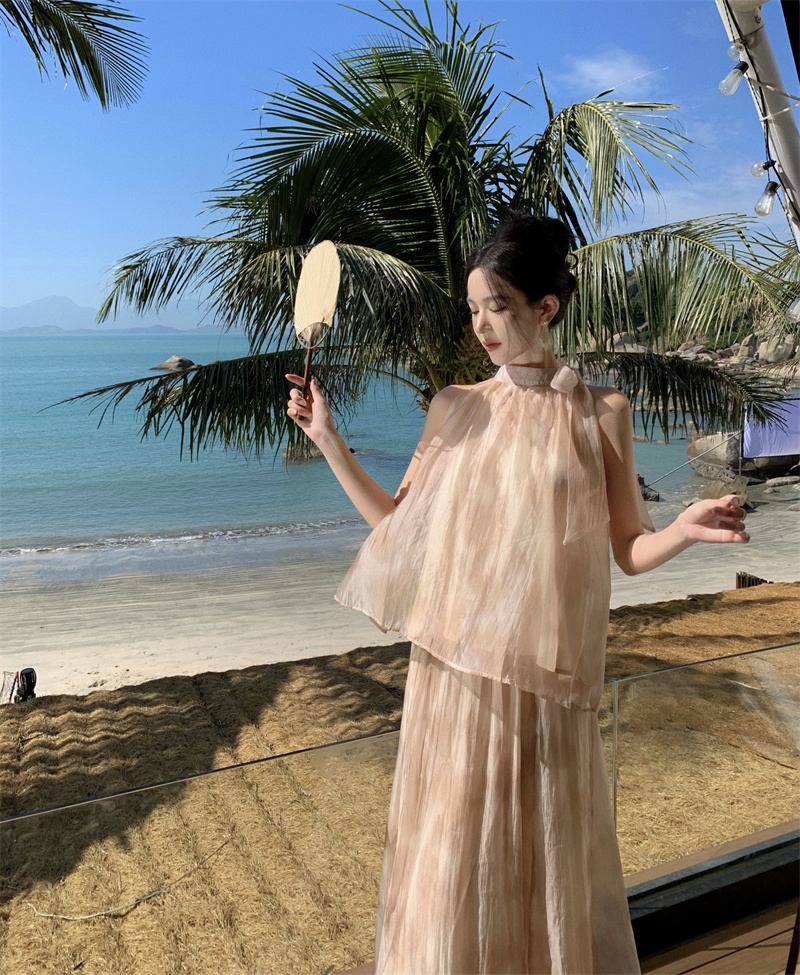 新中式國風復古扎染油畫掛脖上衣女夏季高腰寬松半身裙兩件套裝女
