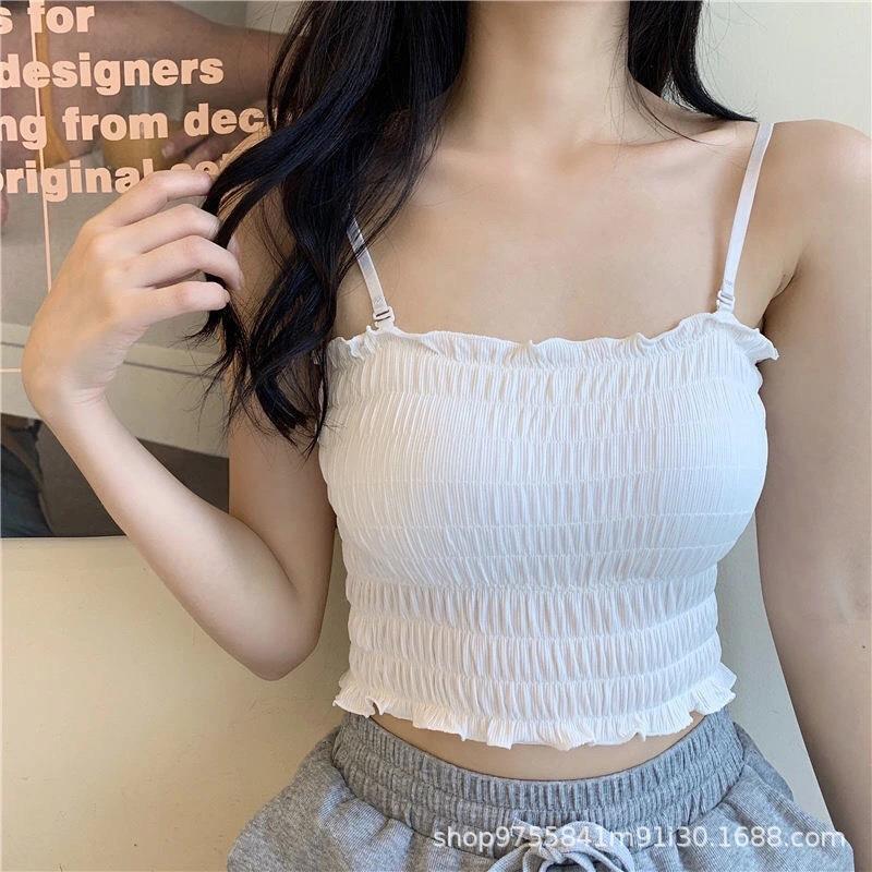 Pleated high-elastic camisole base with padded tube top that can be worn outside and beautiful back underwear for women retro one-shoulder tops