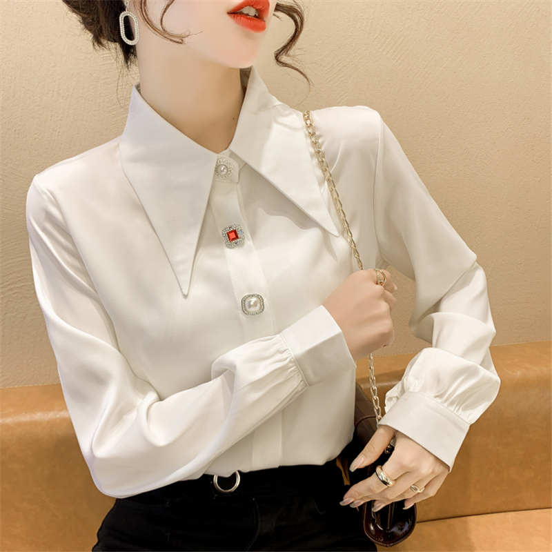 實拍 秋季新款韓版寬松氣質高級緞面白色長袖襯衫女上衣正式