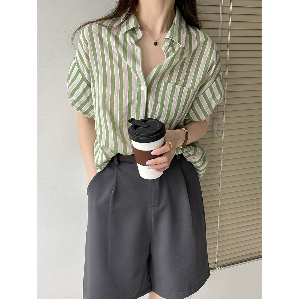 Real shot ~ 2024 spring and summer POLO collar short-sleeved simple loose trendy ins style striped off-shoulder sleeve shirt for women