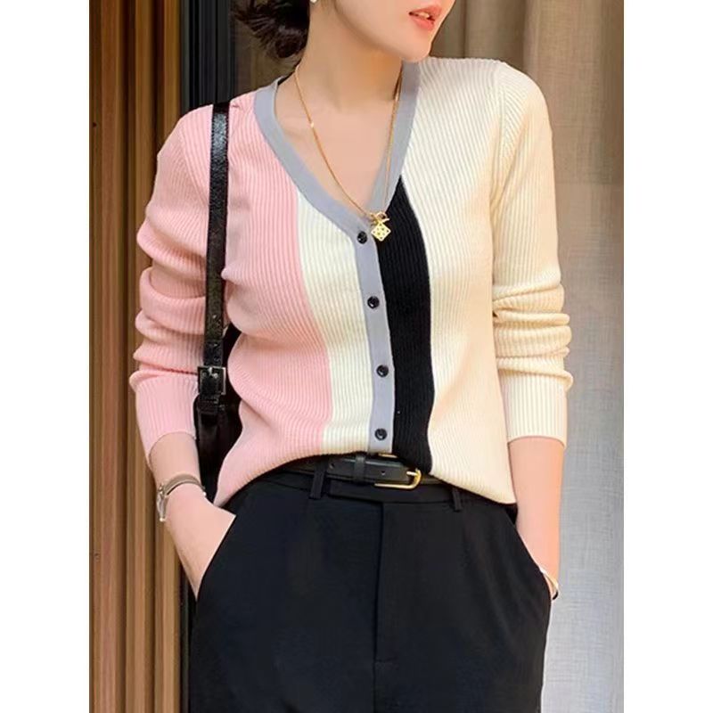 rouje damas contrasting color v-neck pit strip knitted cardigan early spring new niche French sweet sweater top for women