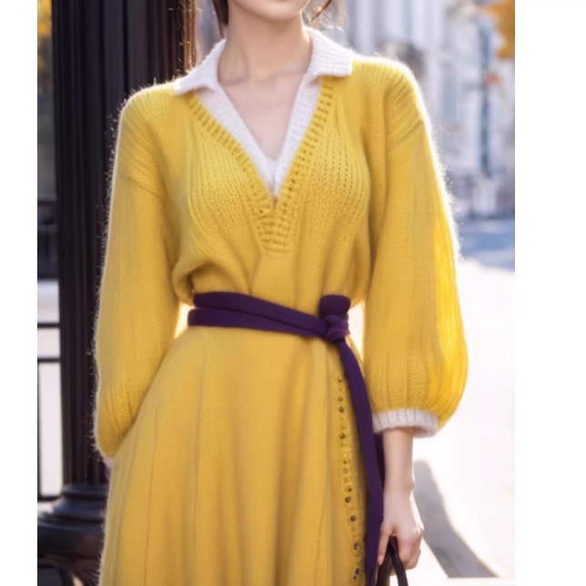 假两件黄色针织连衣裙新款女秋冬时尚气质收腰显瘦加厚毛衣裙