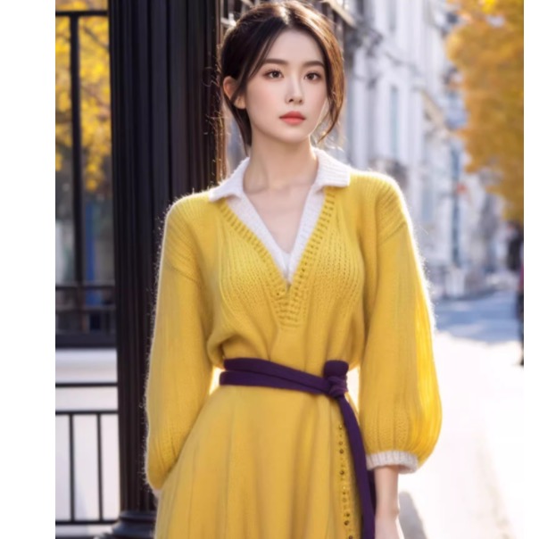 假两件黄色针织连衣裙新款女秋冬时尚气质收腰显瘦加厚毛衣裙