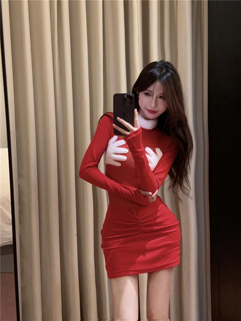 实拍~美式辣妹长袖连衣裙紧身性感新年战衣设计感红色包臀裙