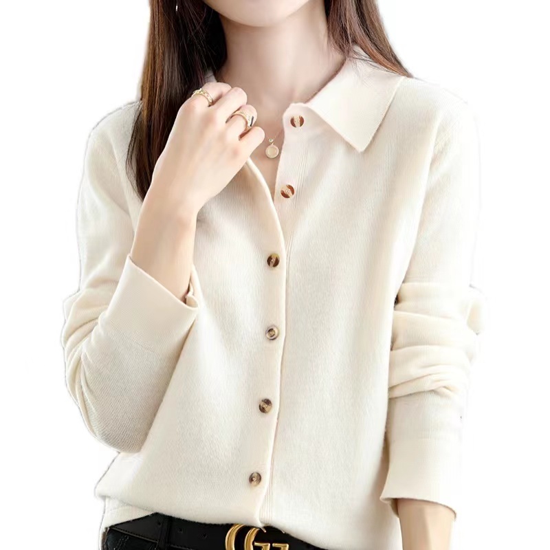 Autumn new style stand-up collar cashmere knitted cardigan women's POLO shirt collar loose wool sweater foreign style outer top