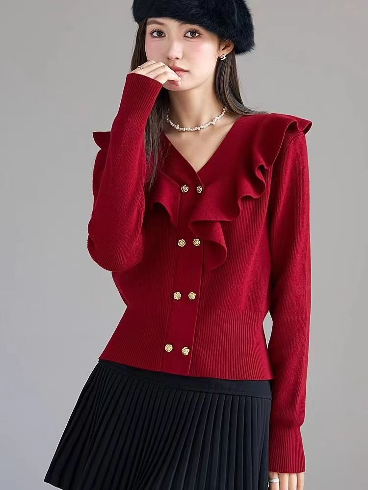 Ruffled knitted cardigan jacket for women 2024 autumn new style irregular design short top mercerized cotton