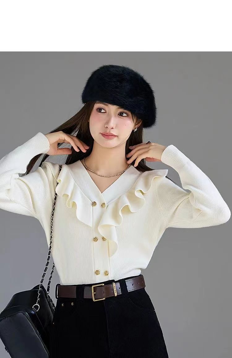 Ruffled knitted cardigan jacket for women 2024 autumn new style irregular design short top mercerized cotton