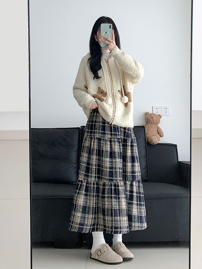 Cake skirt autumn and winter high-waisted A-line umbrella skirt slimming Japanese retro mid-length woolen plaid skirt