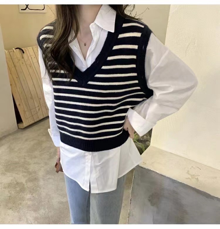Korean style ins style knitted striped vest jacket v-neck sweater + white shirt two-piece set