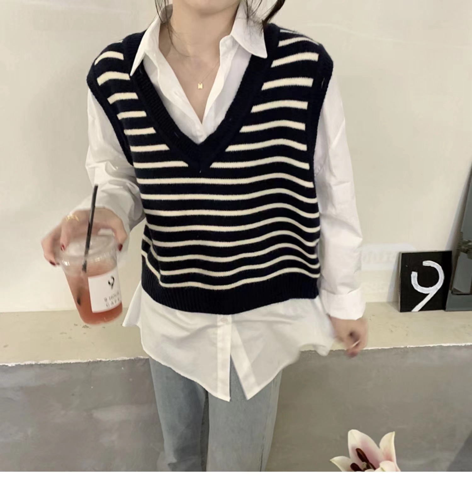 Korean style ins style knitted striped vest jacket v-neck sweater + white shirt two-piece set