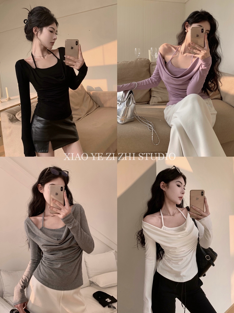 Real shot of pure lust style halter neck swung collar knitted bottoming shirt, slim fit, fake two-piece sexy inner bottoming shirt