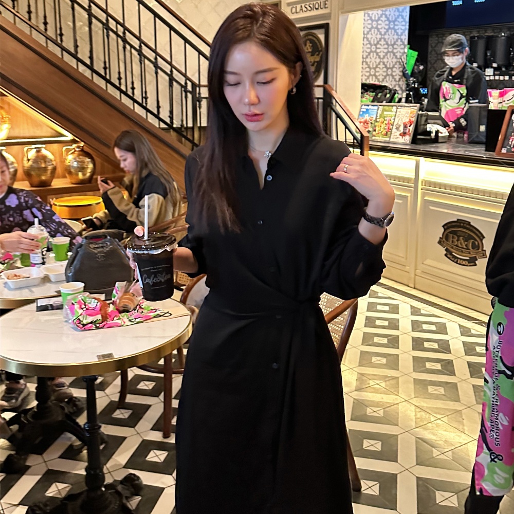 韩国chic法式小众气质高级感别致系带收腰显瘦衬衫式连衣裙