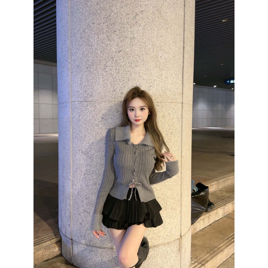 Fur collar stitching lace-up drawstring sweater bottoming shirt for women autumn and winter outer wear high-end fur inner knitted top