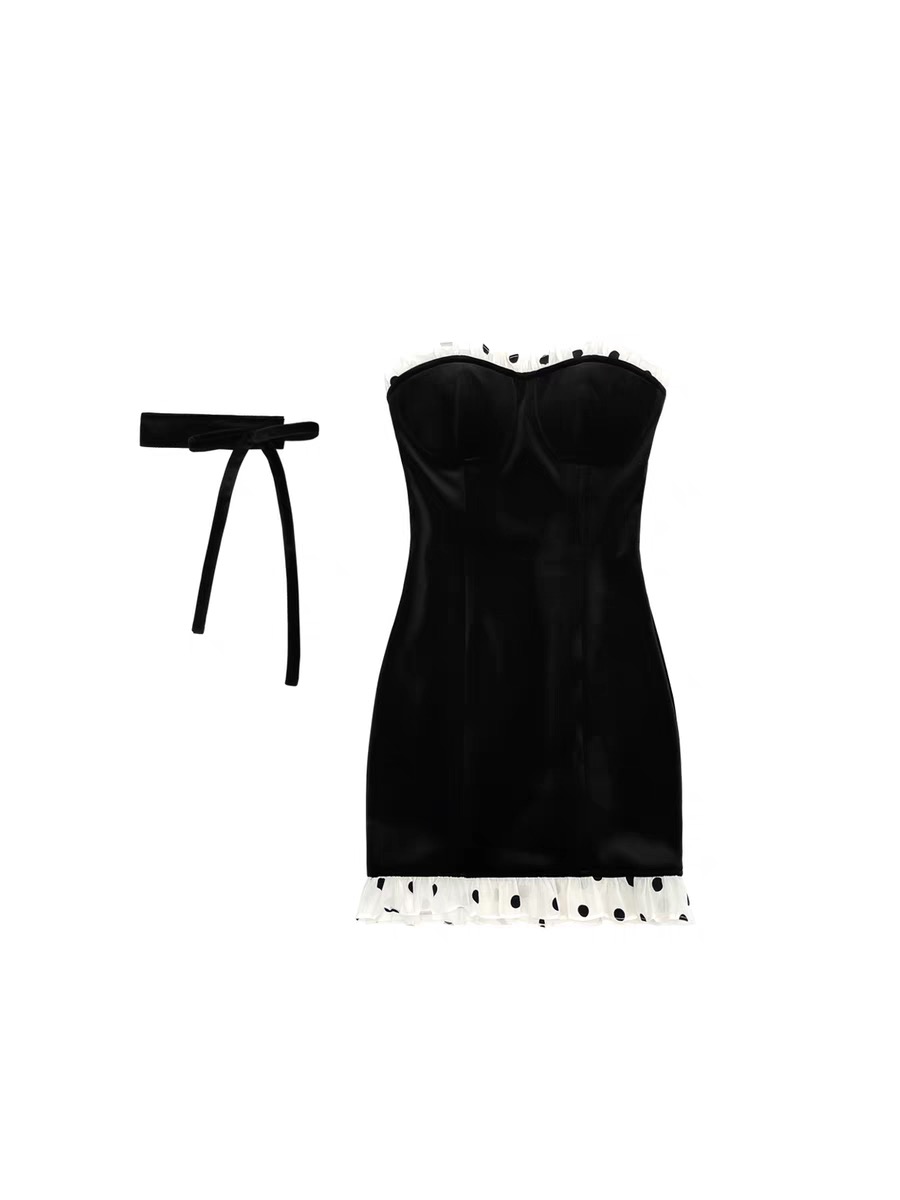 12/19 Rich and charming girl’s velvet fishbone tube top dress with collar and playful polka dot mesh